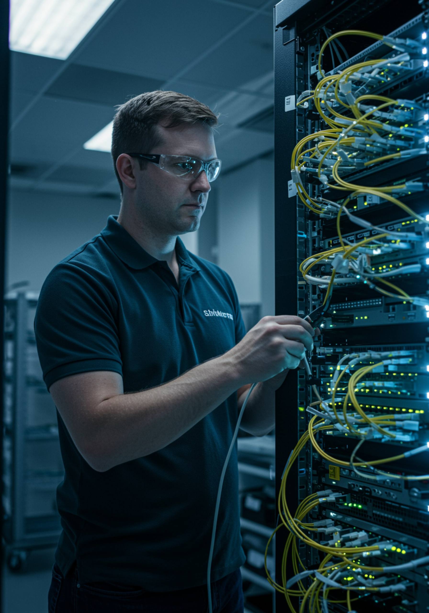 imagen14 "Ingeniero de redes en un servidor luminoso realizando empalmes de fibra óptica para infraestructura de internet de alta velocidad."