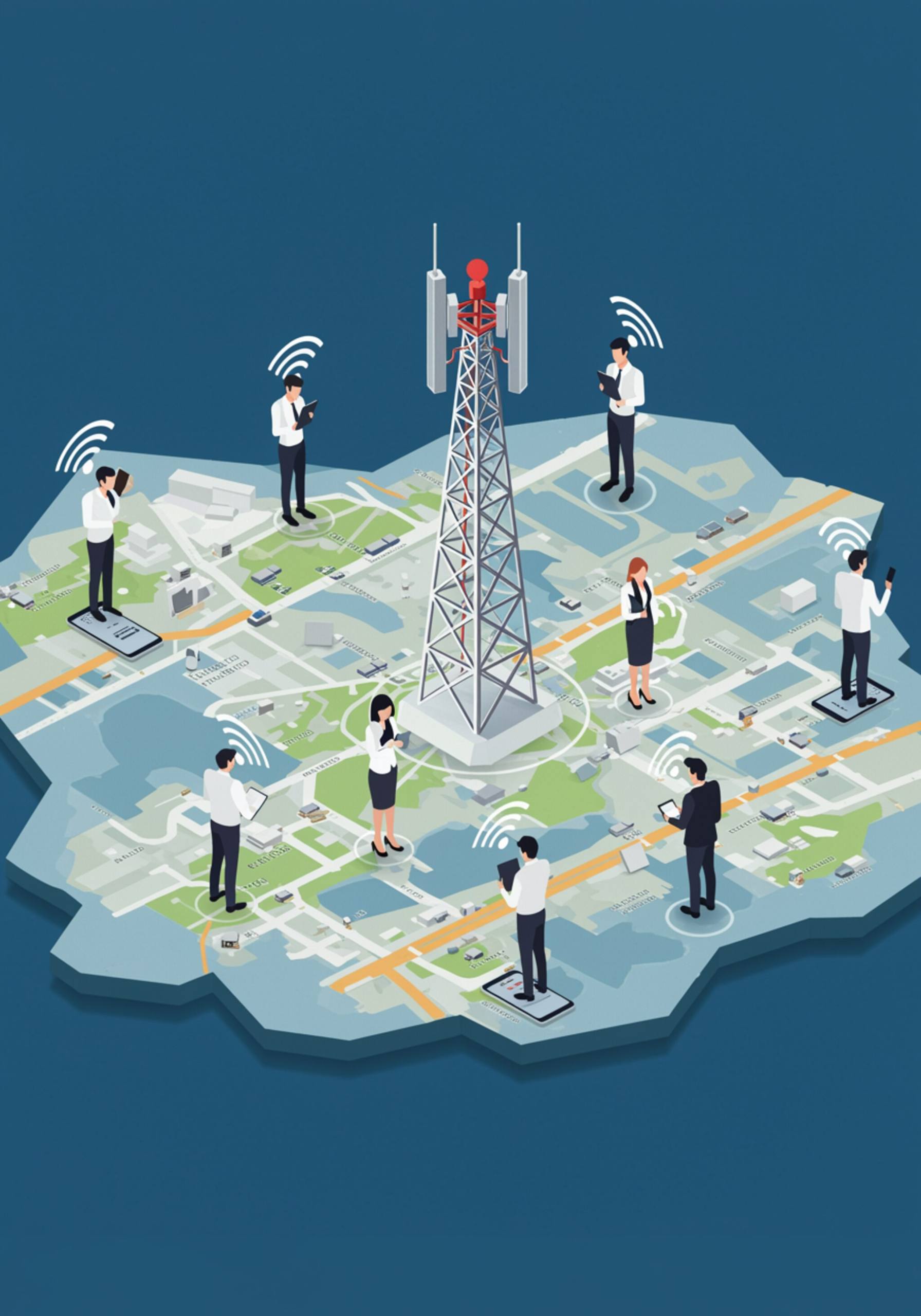 imagen43 "Ilustración isométrica de trabajadores de oficina con smartphones conectados a una torre de señal, representando la cobertura de telefonía móvil en un mapa estilizado."