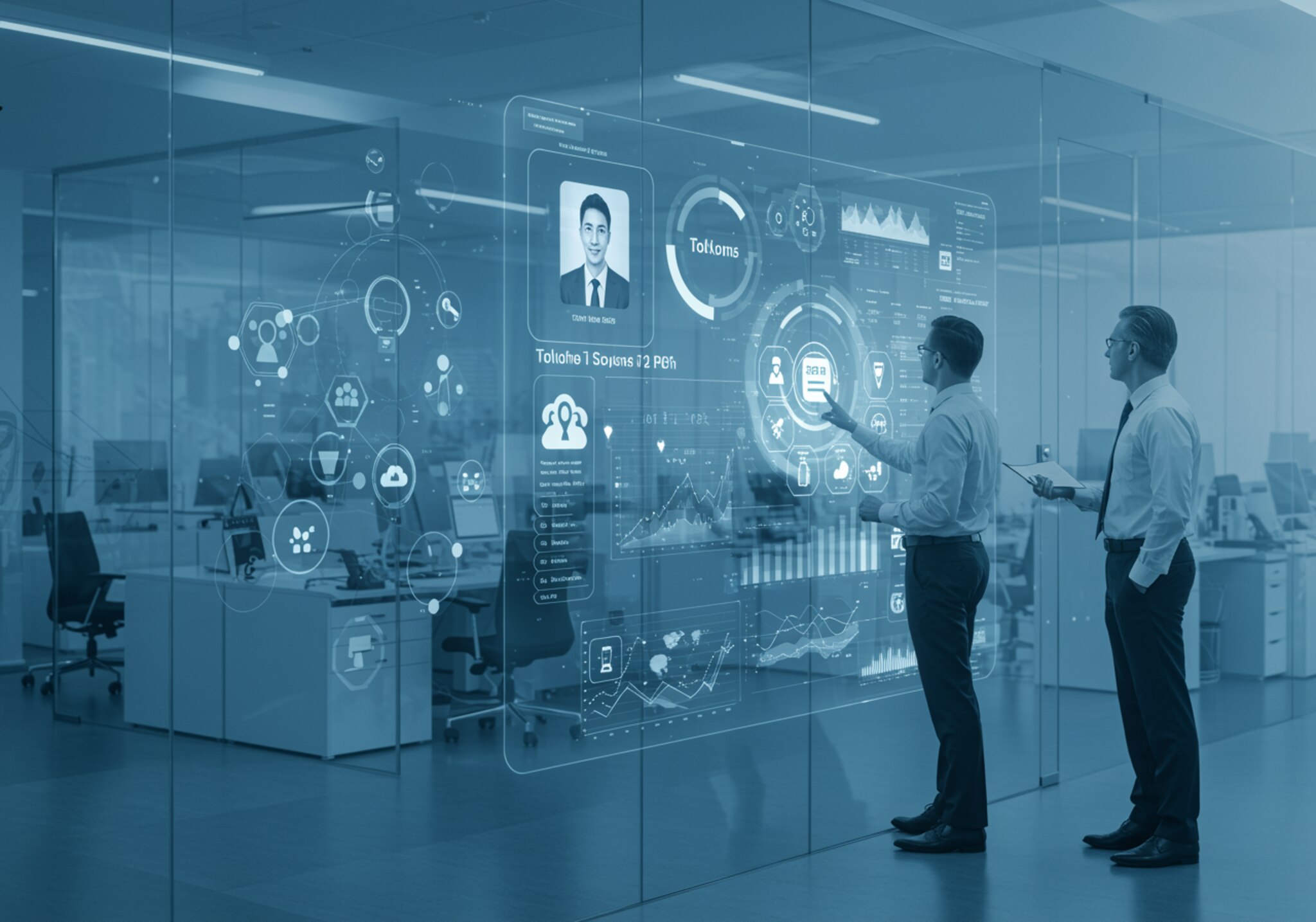 imagen46 1 "Oficina moderna con ingeniero de IT y gerente de negocios interactuando con un holograma de control PBX, representando soluciones de telecomunicaciones innovadoras."