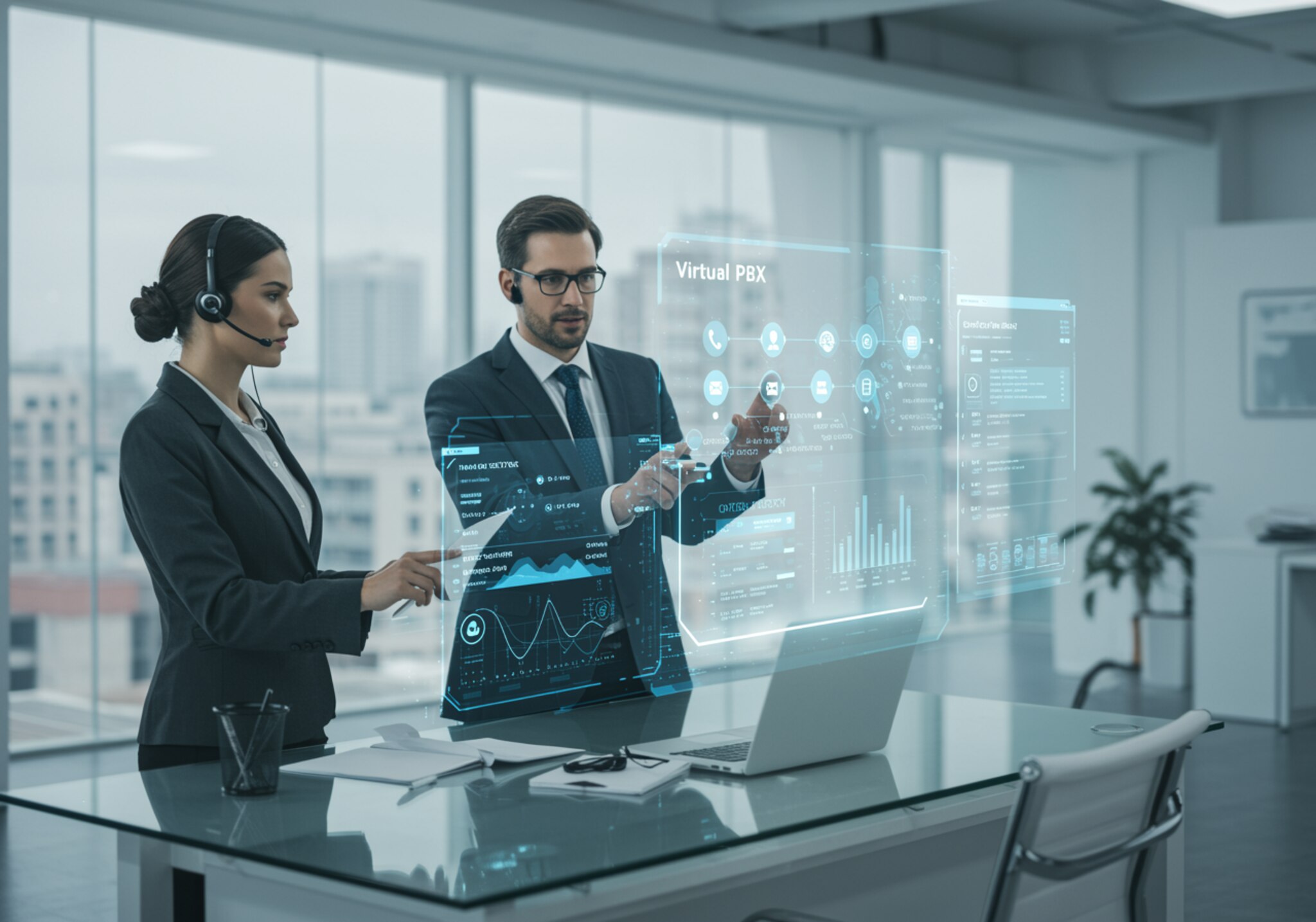 imagen46 "Ilustración de profesionales en oficina moderna interactuando con un panel digital de controles de PBX virtual, destacando tecnología de telecomunicaciones avanzada y eficiencia en la gestión de llamadas."