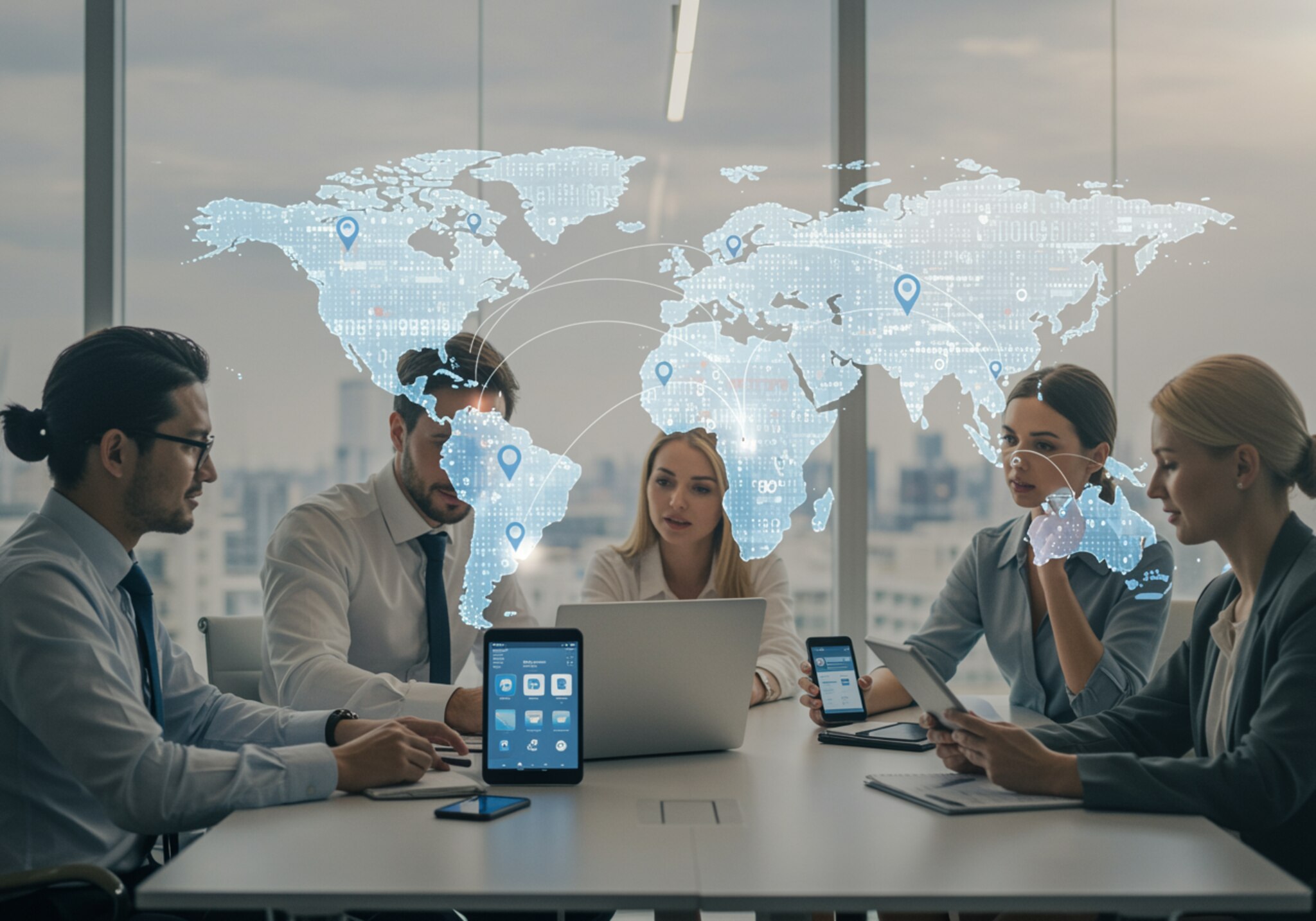 imagen47 1 "Grupo de cuatro profesionales colaborando en una sala de conferencias moderna, rodeados de tecnología y un mapa digital que simboliza la conectividad global en el sector de las telecomunicaciones."
