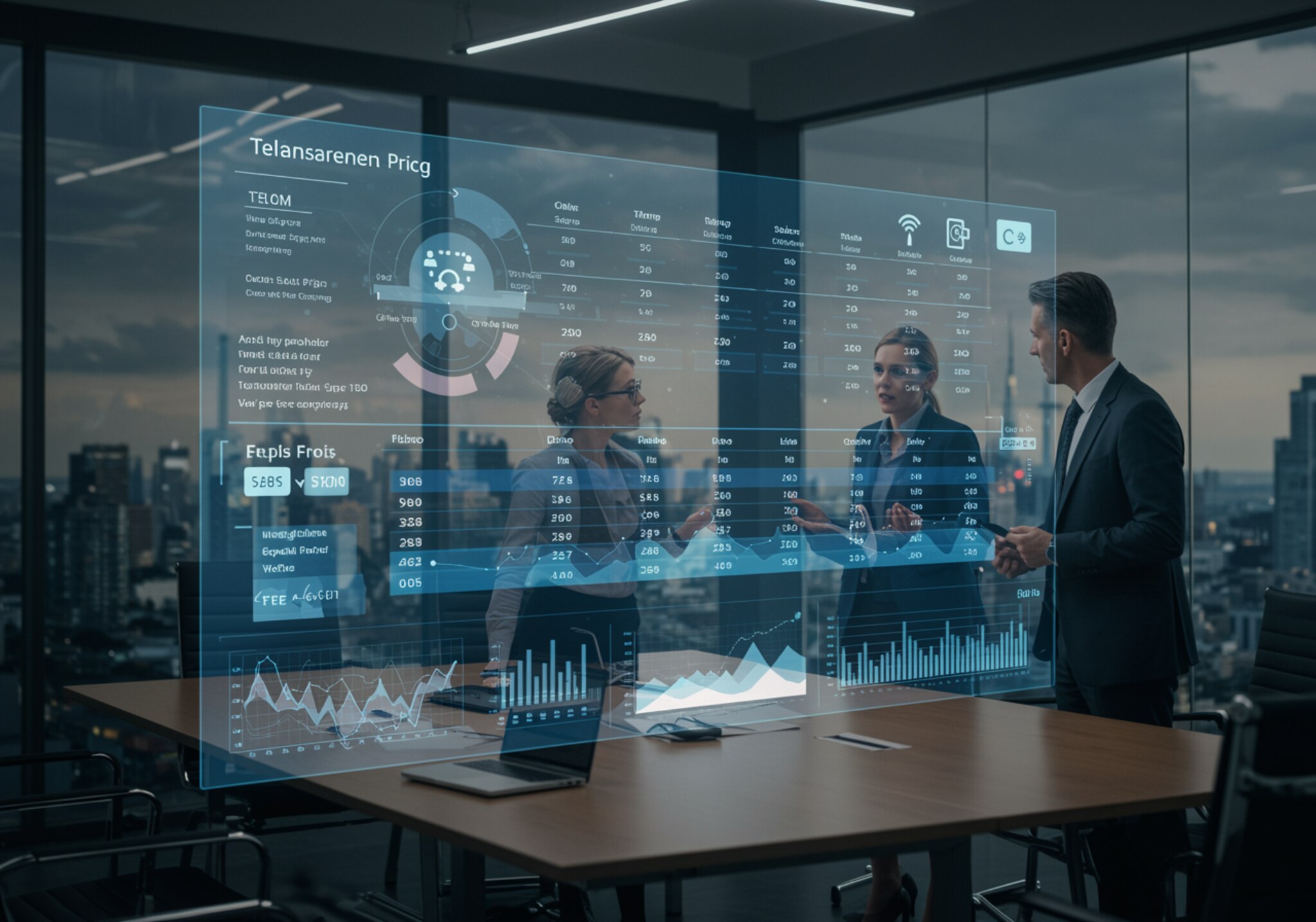 imagen47 "Dos profesionales en una sala de juntas moderna analizando una pantalla holográfica con planes de precios transparentes de telecomunicaciones."